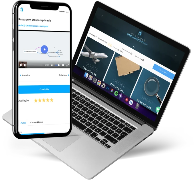 Mockup do Passagem Descomplicada em celular e notebook
