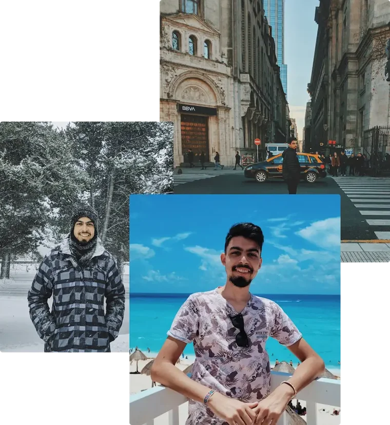 Felipe Jurec em viagens, em uma montagem com diferentes destinos