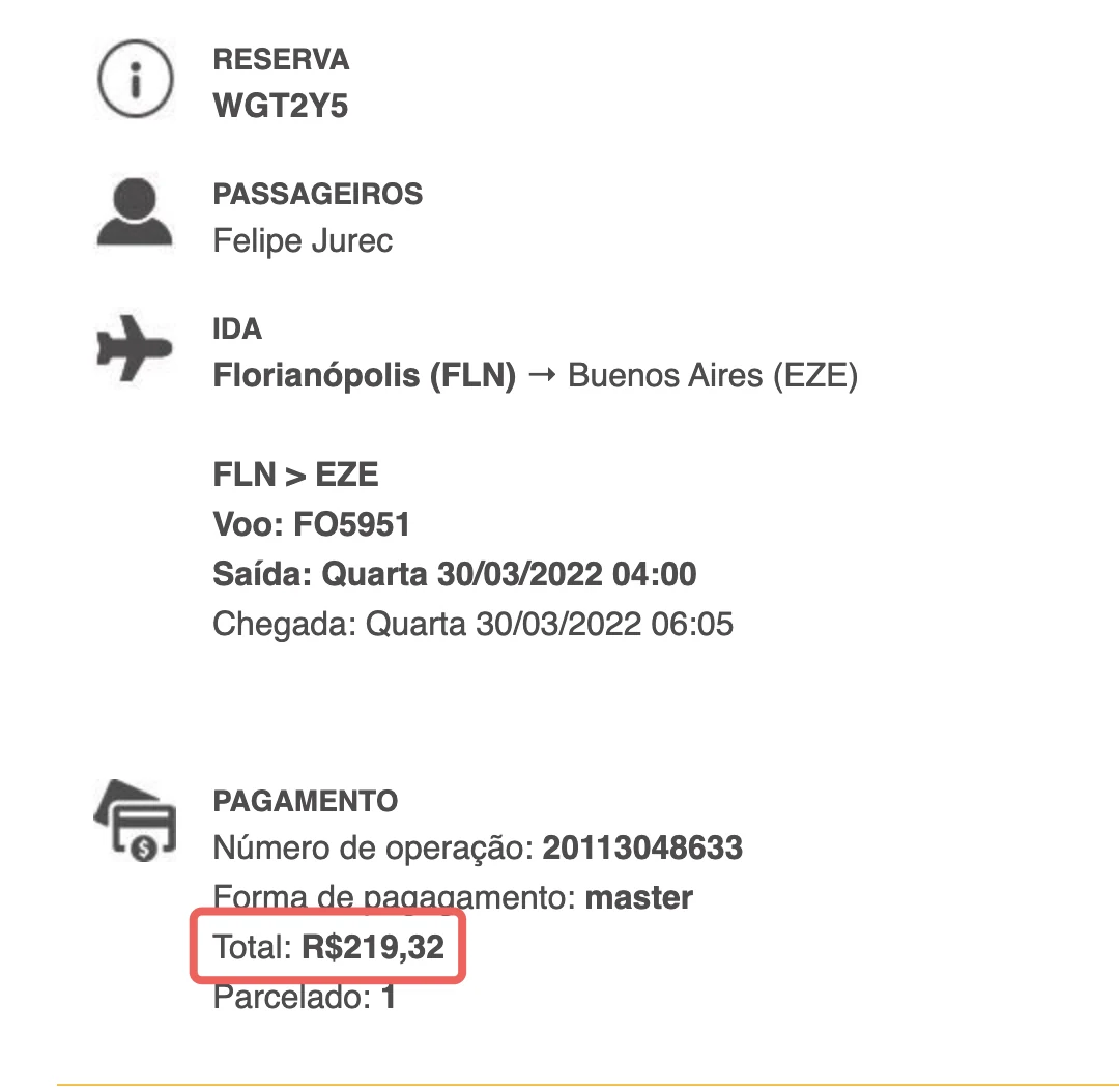 Comprovante de Florianópolis → Buenos Aires com valor de R$219,32