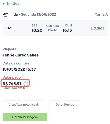 Comprovante de Brasília → Cancún com valor de R$745,91
