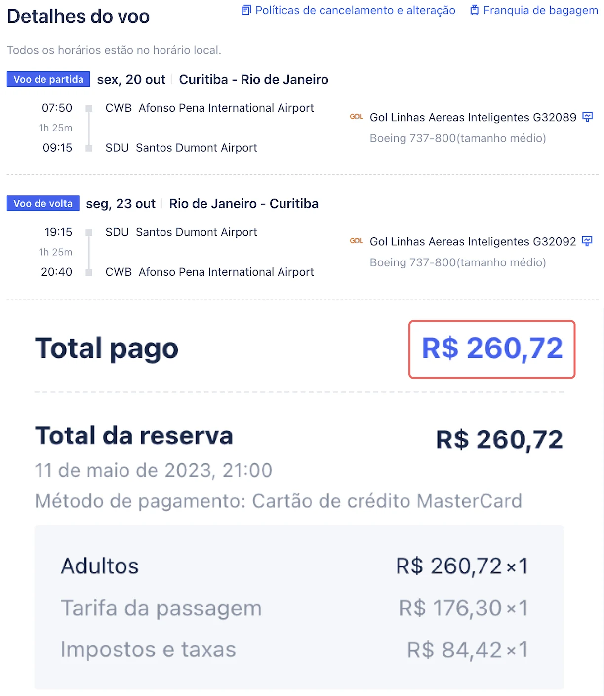 Comprovante de Curitiba ⇄ Rio de Janeiro com valor de R$260,72