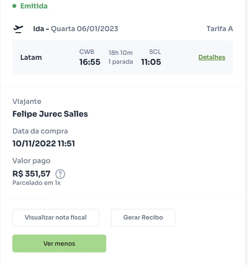 Comprovante de Curitiba → Santiago com valor de R$351,57